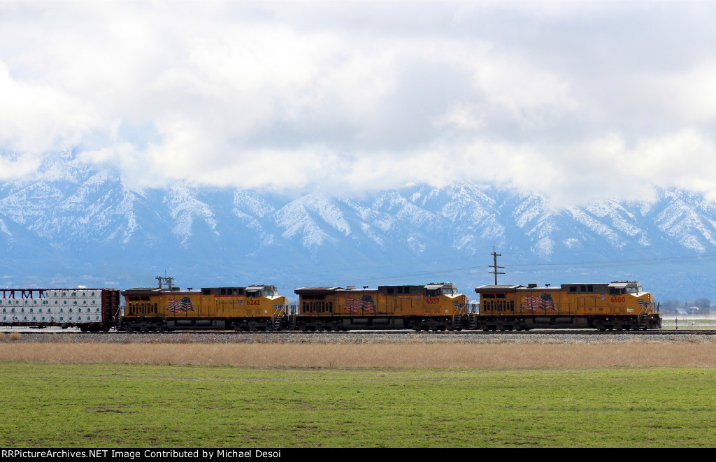 "Elephant Style"  UP 6600, 6557, 6242 (all AC4400CWs) lead a southbound manifest at Cache Junction, Utah. April 15, 2022